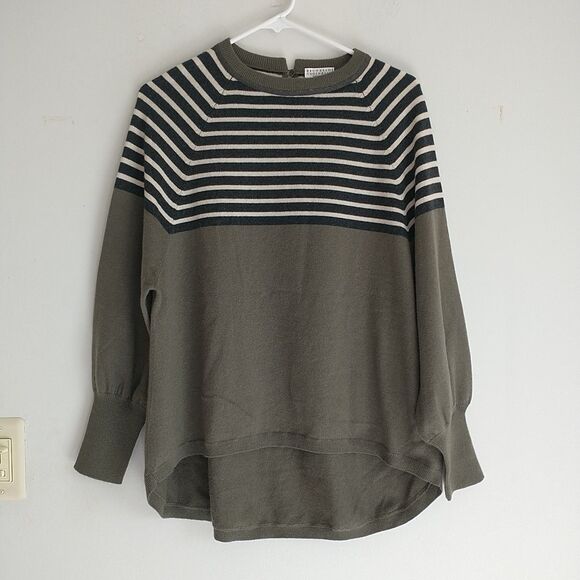 Brunello Cucinelli Sweater Womens S Green Gray Striped Cashmere Beaded Italy - Picture 2 of 11